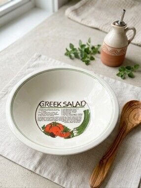 Vintage Greek Salad Recipe Bowl Large Serving Dish Retro Kitsch Grandmillennial